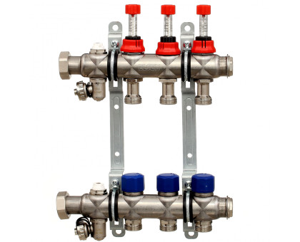 Коллекторная группа ELSEN, 1", 7 контуров, размер отвода-3/4", с вентилями и расходомерами, нержавеющая ст
