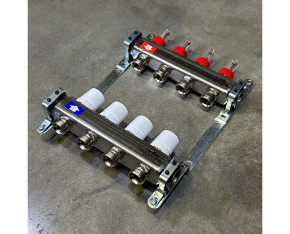 Коллекторная группа 1" Uni-Fitt 450Bнерж. сталь 4 выхода 3/4" с расходомерами и термостатическими вентилями без концевиков