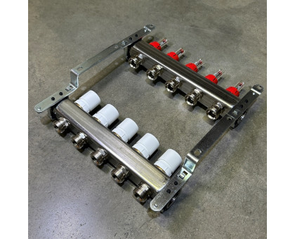 Коллекторная группа 1" Uni-Fitt 450Bнерж. сталь 5 выходов 3/4" с расходомерами и термостатическими вентилями без концевиков