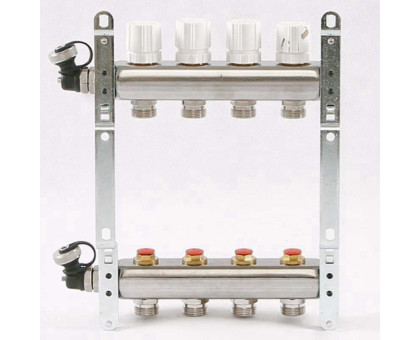 Коллекторная группа из нержавеющей стали с регулировочными и термостатическими вентилями UNI-FITT 1"x3/4"ЕК 4 выхода