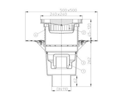 Дворовый трап Hutterer & Lechner Perfekt, верт. выпуск, с сифоном, с приваренным битумным полотном d 500 мм, DN 160